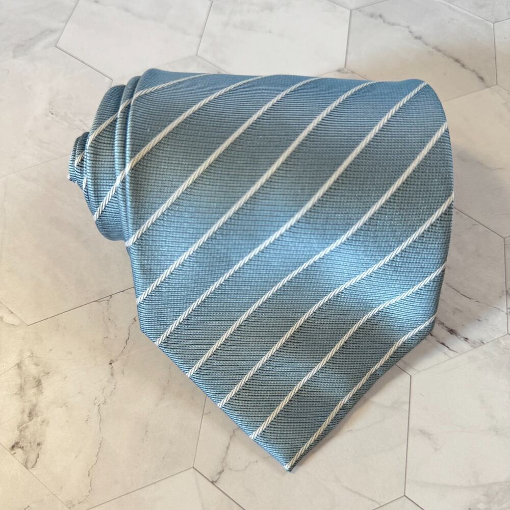 Desert Prince Mens Tie 100% Silk Made in France Blue with White Stripe Pastel